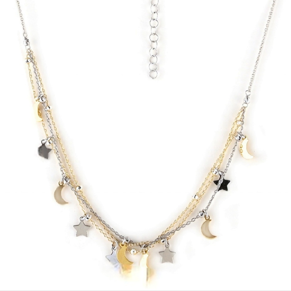 NWT ARTISAN CRAFTED STERLING SILVER & 14K GOLD STARS & MOONS LAYERED NECKLACE 🌟